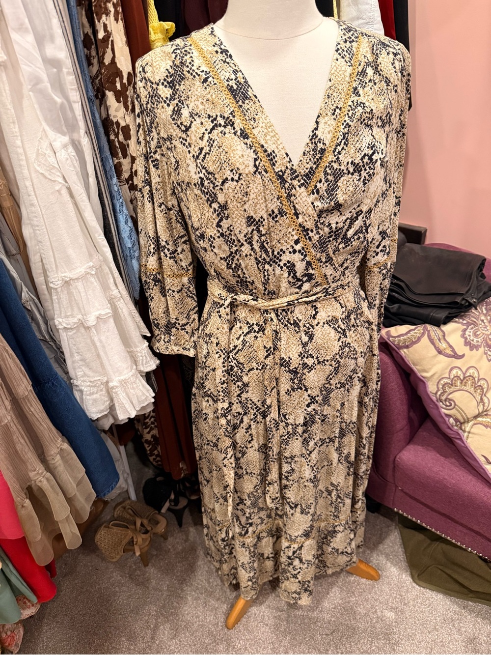 Womens Beige Snake-Print Wrap Dress